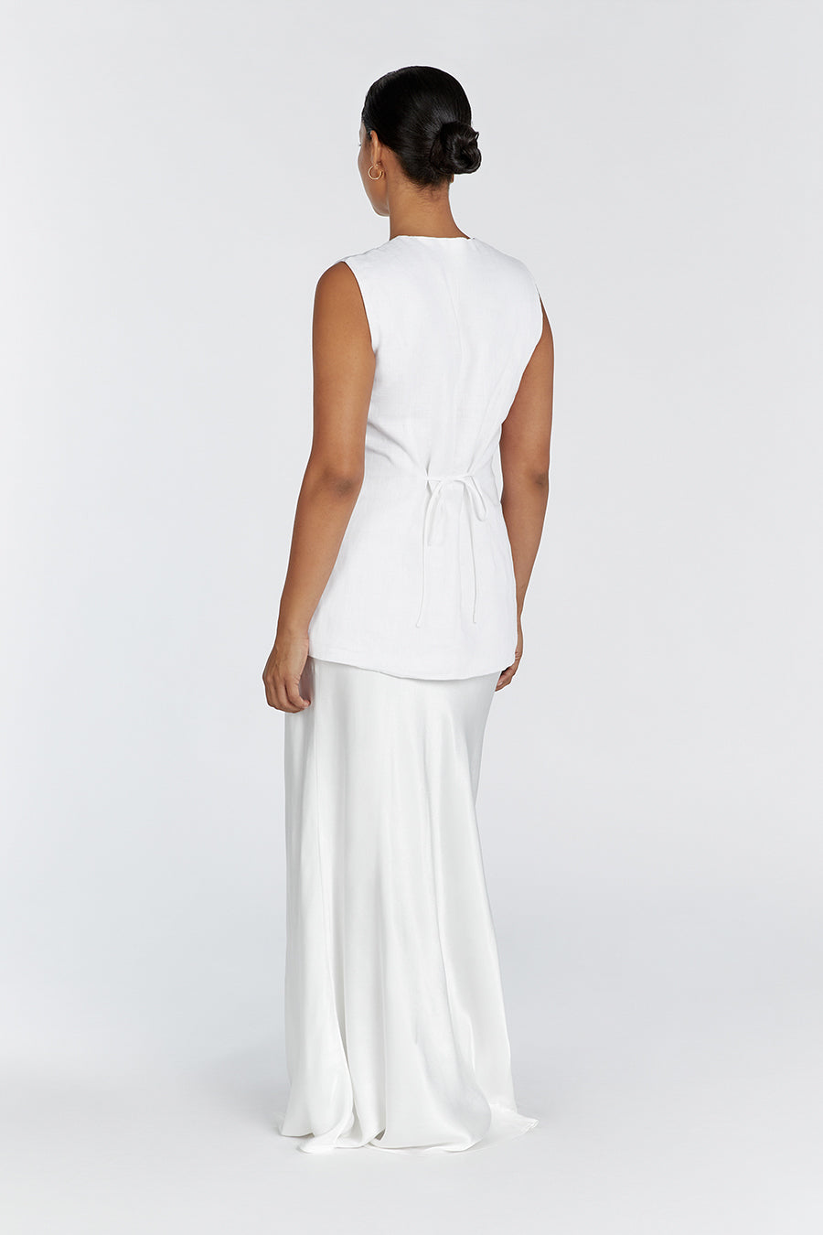 Tilly Linen Longline Vest - White Sleeveless Button Front
