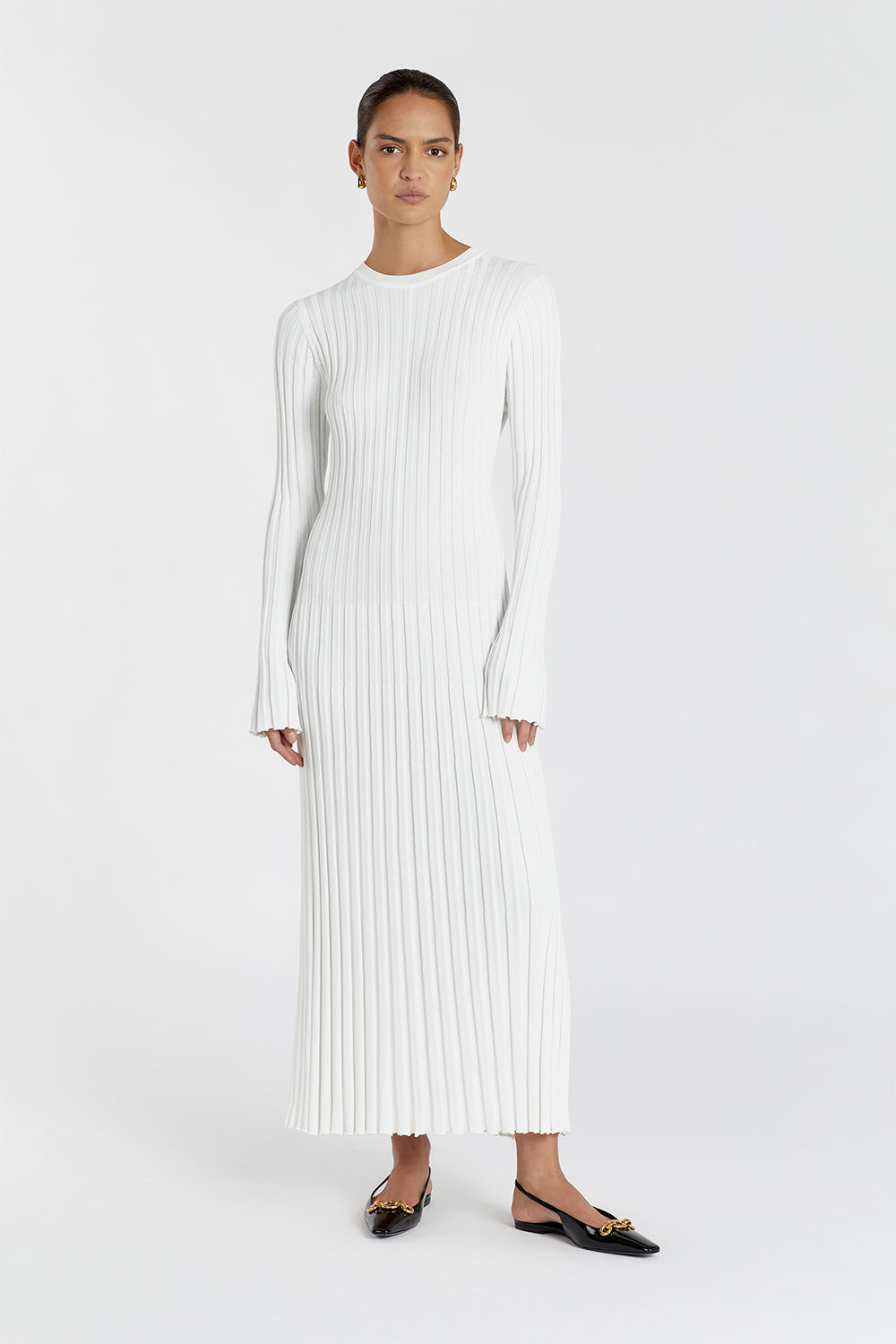 ADA Off White Long Sleeve Midi Dress with Adjustable Tie & Lettuce Hem