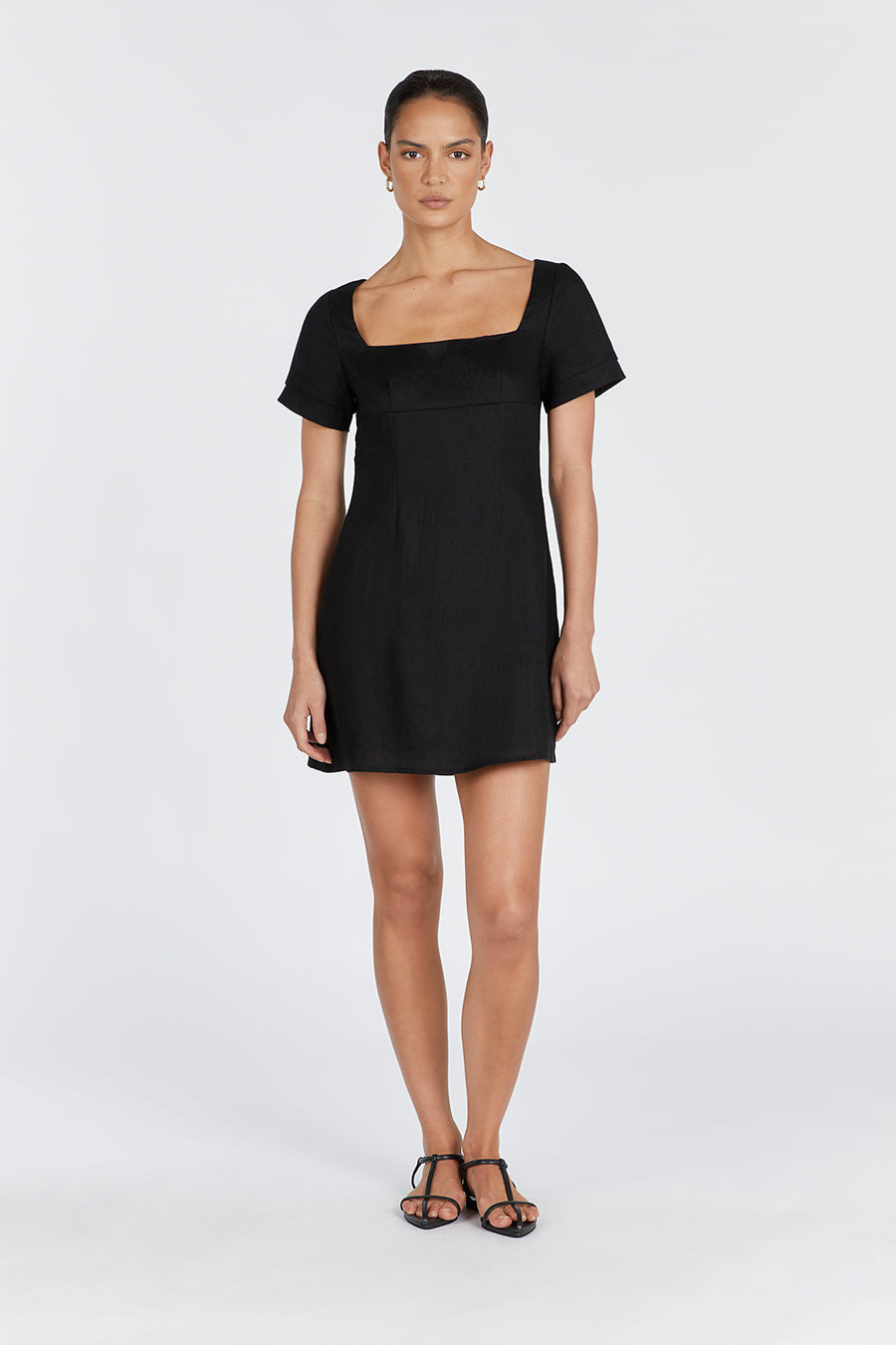 Jamie Black Linen Mini Dress with Square Neck & A-Line Hem