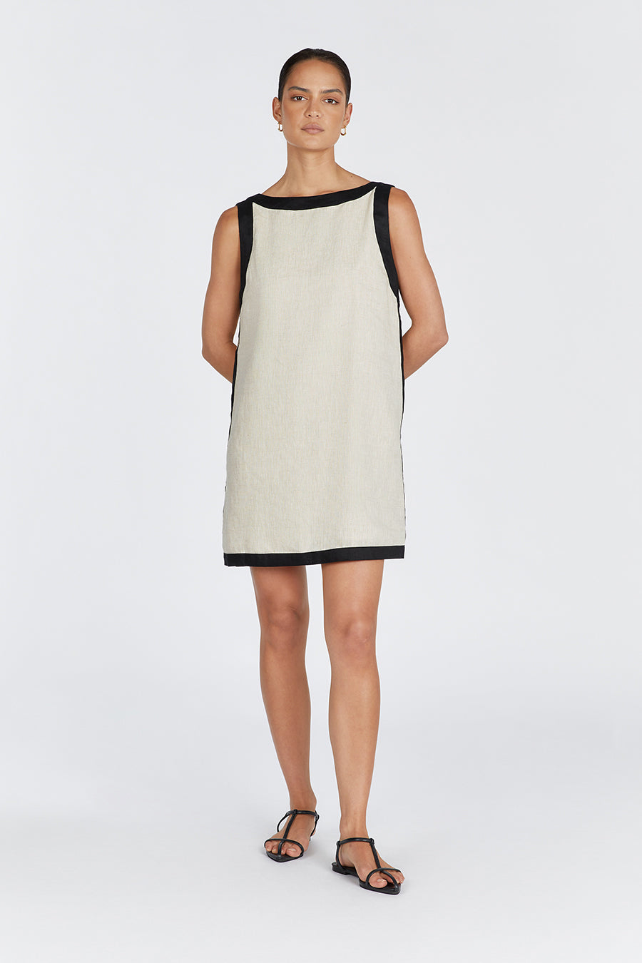 Zuri Natural Linen Mini Dress - Sleeveless Square Neck with V Back