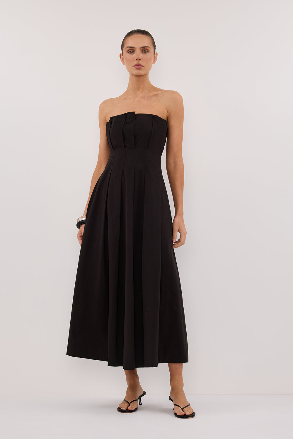 Lilly Strapless Black Cotton Midi Dress with Side Pockets