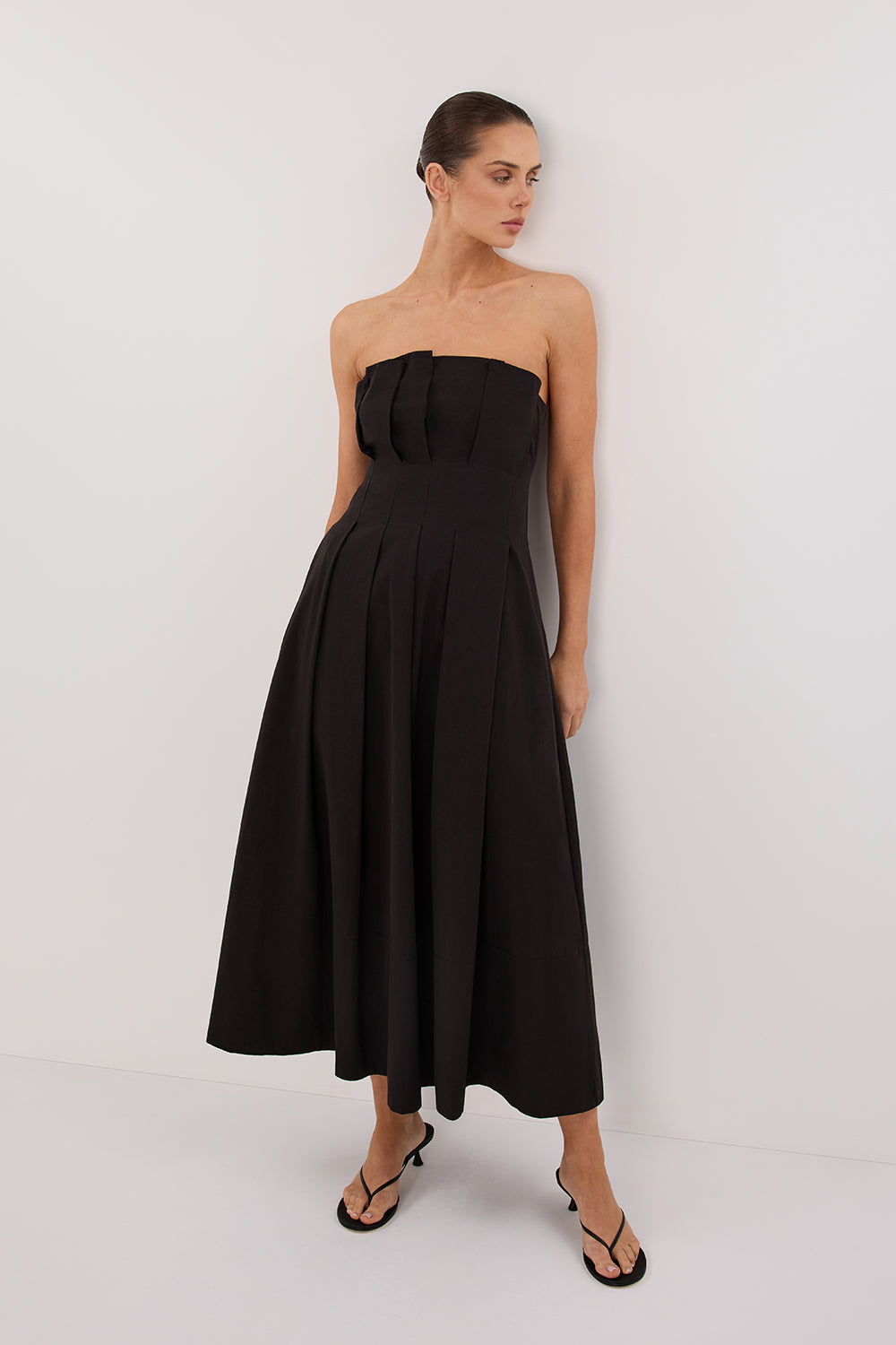 Lilly Strapless Black Cotton Midi Dress with Side Pockets