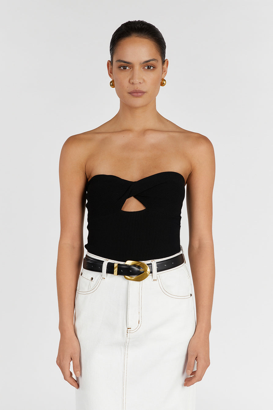Bianca Black Stretchy Bandeau Knit Top with Twist Bust Detail